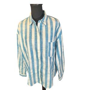 Cider Women’s Oversized Casual Blue and Cream Striped Shirt | Size M